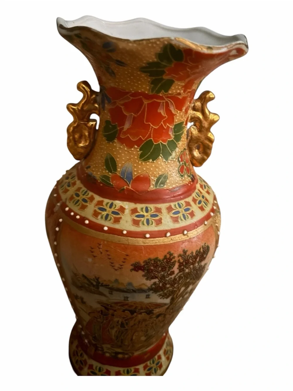 Vintage Satsuma style Floral Gold-Accent Porcelain Vase ornate- Orange & Whi